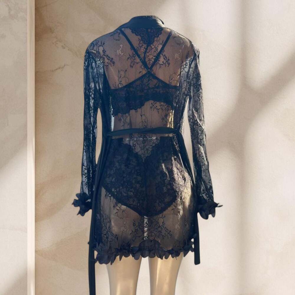 Black Lace Lingerie Set – Bralette, Panty & Sheer Robe 3 Piece Sexy Elegant ✧ M - Picture 3 of 5